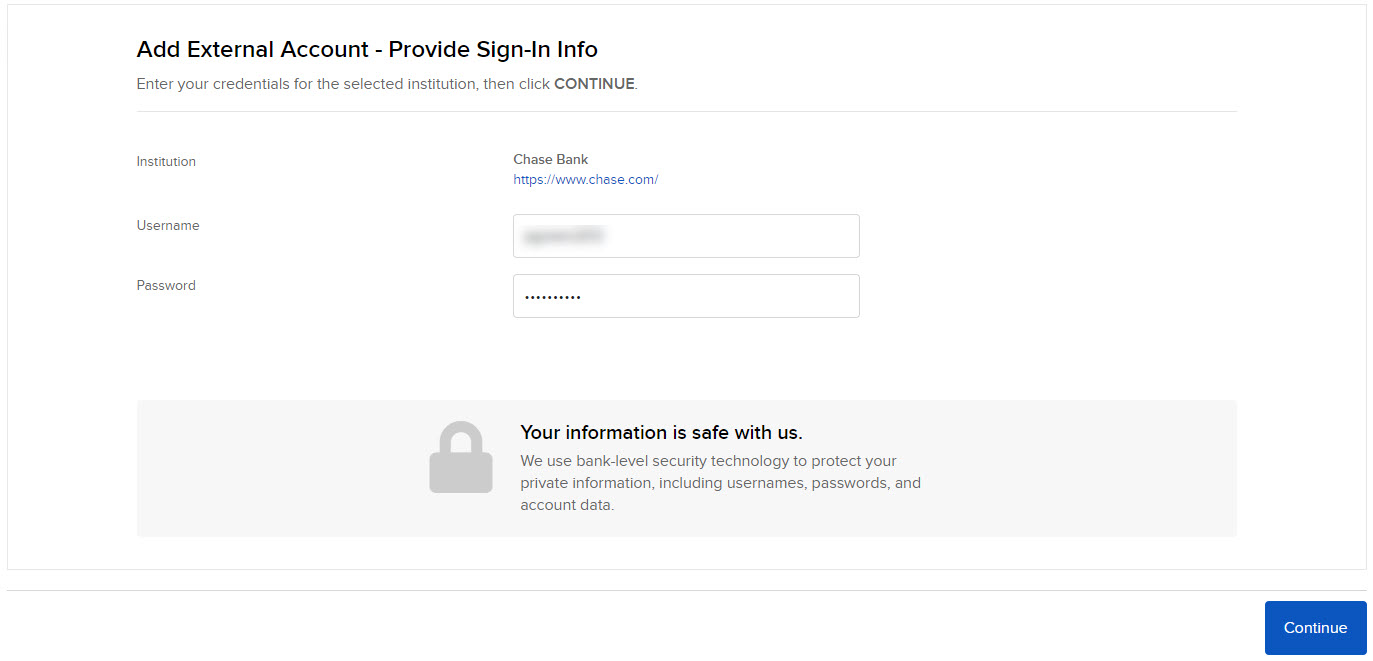 Image of the PortfolioAnalyst add external account sign-in panel. 